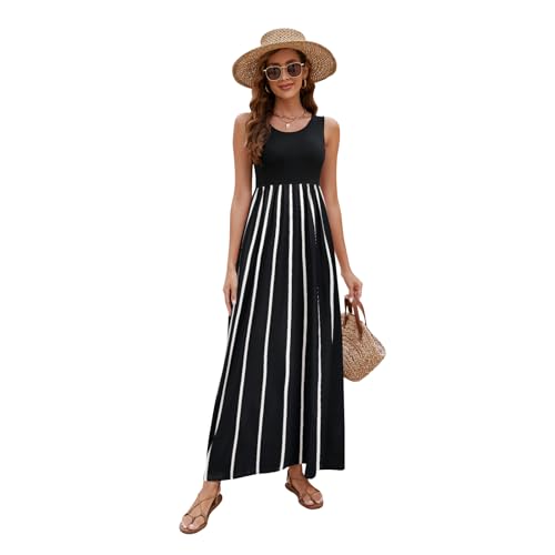 Image of Sherosa Women Boho Chevron Striped Floral Printed Summer Sleeveless Tank Long Maxi Party Dress
