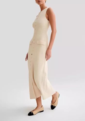 Image of Famnbro Womens Elegant Dress Knit Sleeveless 2025 Summer Button Bodycon Office Work Business Casual Dresses