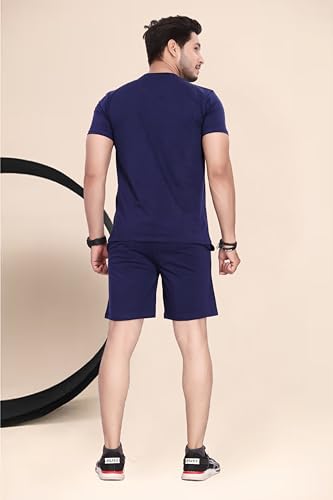 Image of HOODMASTER Men's Cotton Night Suit Set of Top & Knee Length Shorts with Round Neck Half Sleeves Solid Pattern Regular Fit and Standard Length | Mens Cotton Night Suit | T-Shirt and Shorts Sets