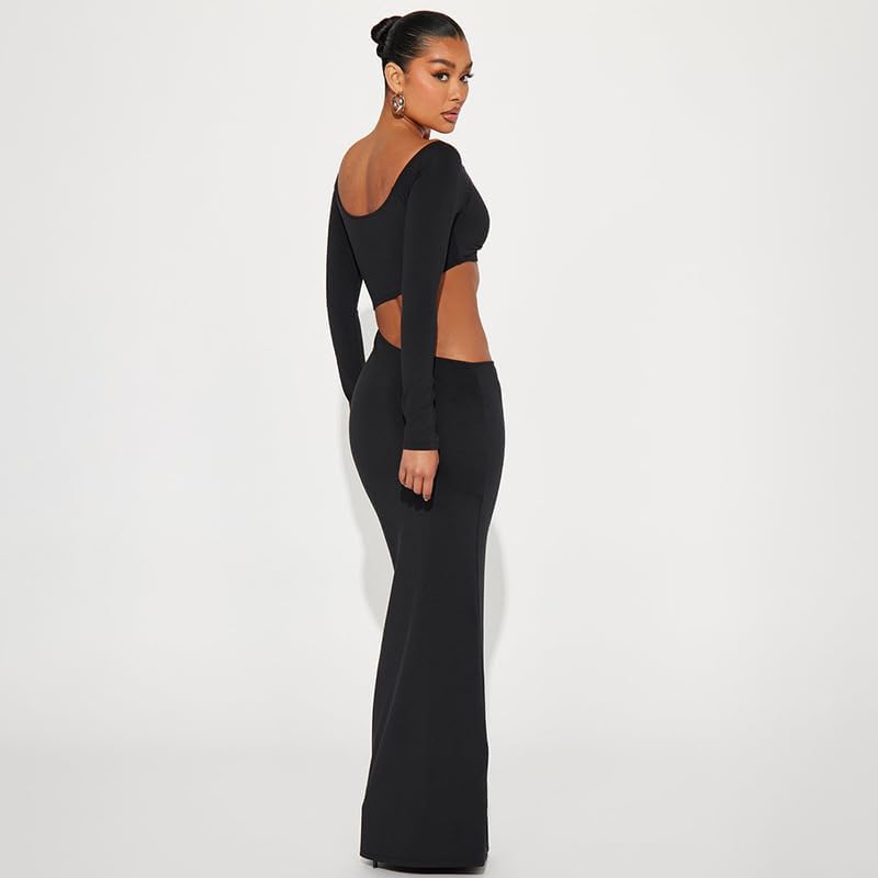 Women Sexy Hollow Out Bodycon Dress Long Sleeve Belly Cutout Maxi Long Dresses for Cocktail Party Festival Dress2