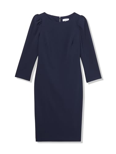Image of Calvin Klein Women's 3 /4 Sleeve Puff Shoulder Knee Length Crepe Sheath Dress