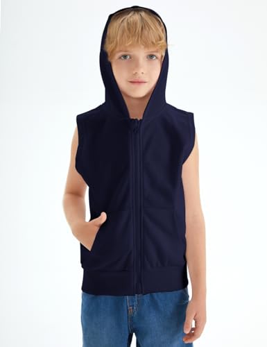 Image of Spring&Gege Boys' Full Zip Sleeveless Hooded Vest Basic Zipper Tank Tops Sweatshirt with Pockets