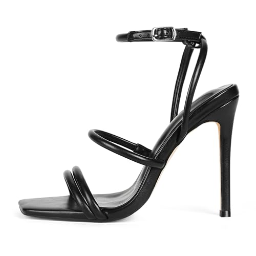 Image of Elisabet Tang 4 inch Stylish Ankle Strap Stiletto Sandals for Women - Sexy Square Open toe Gladiator High Heels for Party Commuting Daily use