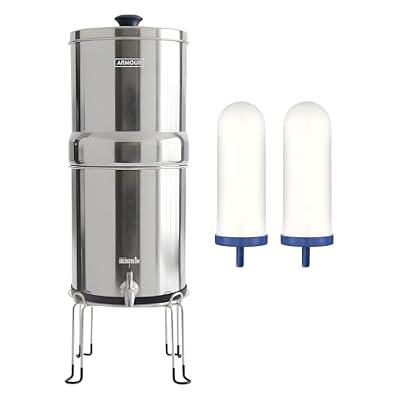 Armour Stainless Steel Gravity Water Filter System – Countertop Water Filter with 2 FTO Plus Ceramic Filters for Lead, Fluoride & Virus Removal - NSF Certified Water Filtration - Filter with Stand