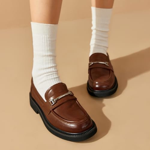 Image of BEAU TODAY Leather Loafers Women, Slip On Penny Loafers for Women Casual Shoes, Chunky Platform Comfortable Business Office Ladies Dress Shoes with Metal Buckle Brown US 8.5