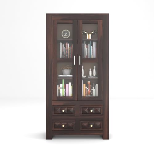 Image of Wood Books Shelf for Home Library | Book Shelf with Glass Door | Kitchen Crockery Cabinet Storag, Almirah, Study Room Furniture Book Rack, 4 Drawer, Walnut Finish