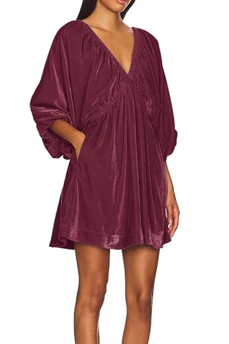 R.Vivimos Womens Fall Velvet Tunic Dress 2025 Trendy Sexy Deep V Neck 3/4 Sleeve Elastic Waist Loose Mini Dress with Pockets2
