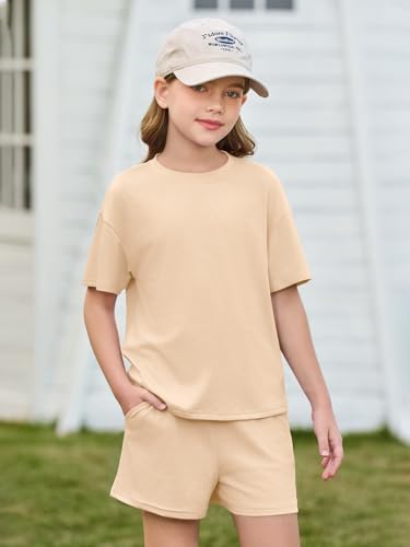 Image of Haloumoning Girls Summer 2 Piece Outfits Kids Oversized T Shirts and Shorts Clothing Sets 5-14 Years