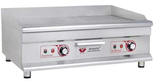 Beeketal 'BGP-7' Profi Gastro Grillplatte elektrisch mit gerillter und glatter Grillfläche (75 x 40 cm) aus 10 mm dickem Gusseisen, 2 Zonen stufenlos regelbar je 50-300 °C (2 x 3200 Watt)