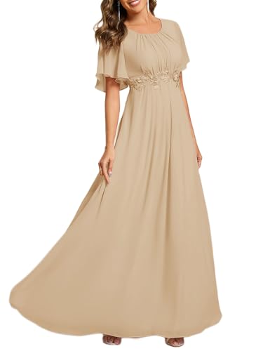 Image of Ever-Pretty Women's Classic Round Neck Pleated Short Sleeves Chiffon Appliques Floor Length A Line Formal Evening Dresses