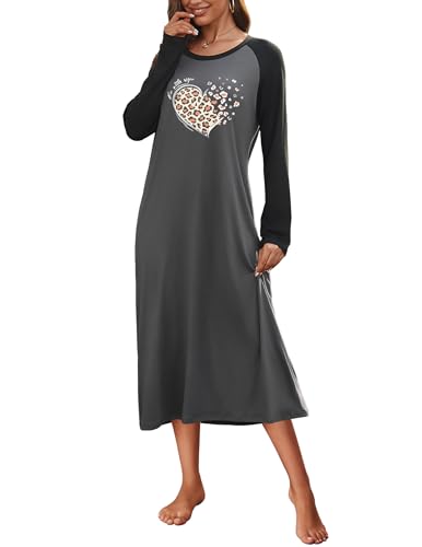 Ekouaer Nachthemd Damen Langarm Nachtkleid Lang Winter Warm Nachtwäsche Damen, Dunkelgrau, S