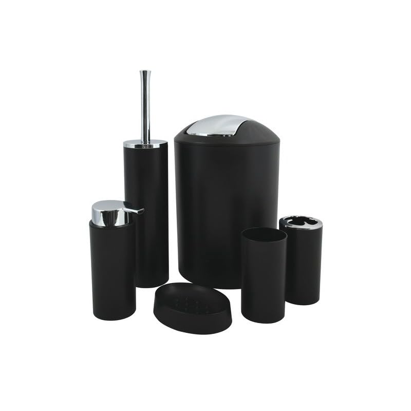 MSV Badezimmer Set, 6-teiliges Badzubehör Seifenspender, WC Bürste, Seifenschale, Kosmetikeimer und Zahnputzbecher Schwarz matt
