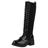 VAN HILL Damen Schnürstiefel Blockabsatz Lack Trendy Schuhe 213415 Schwarz Lack 39