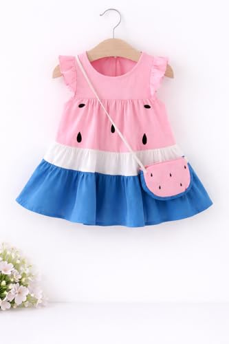 Image of Bold N Elegant One in Melon Girl's Cap Sleeve Cotton Summer Party Flared Knee Length Dress Frock with Faux Bag Purse for Infant Toddler Baby Girl's