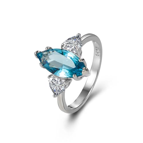 925 Sterling Silver Rings for Women, Solitaire Engagement Ring, Marquise Cut Simulated Blue Topaz Wedding Band Promise Ring for Her