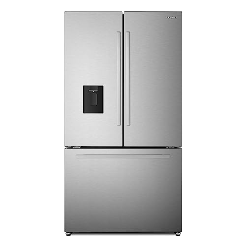 COSMO COS-FDR223GWSS 36 in. 3 French Door Refrigerator with Water Dispenser and Automatic Ice Maker in Stainless Steel, Counter Depth