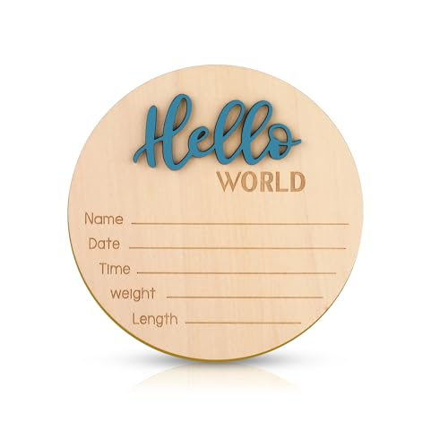 Image of Baby Announcement Sign, 5.9 Inch Wooden Hello World Newborn Welcome Sign Birth Baby Name Plaques for Photo Props Baby Shower Hospital Nursery(Blue)