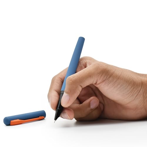Image of BUZZ COOL Fountain Ink Pen With Ink Converter Pump | Blue Body, Orange Clip Metal Fountain Pen with Fine Nib(0.5mm) | Zero Ink Leakage Smooth Writing Ink Pen