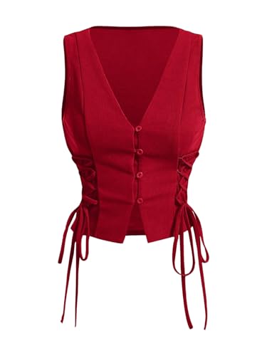 GORGLITTER Womens Sleeveless Western Cowgirl Rodeo Outfit Lace Up Vests Tops Business Casual Country Concert Outfits Red Small