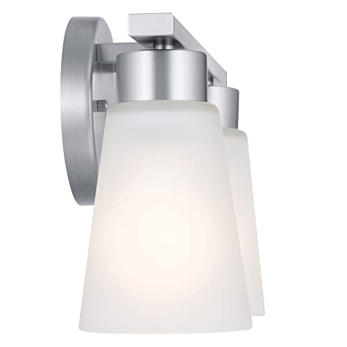 Image of Kichler Stamos 2-Light Bathroom Vanity Light Fixture with Satin Etched Glass Shades, Modern Wall Mount in Brushed Nickel for Mirror Lighting (13 x 8 x 5 in), 45887NI