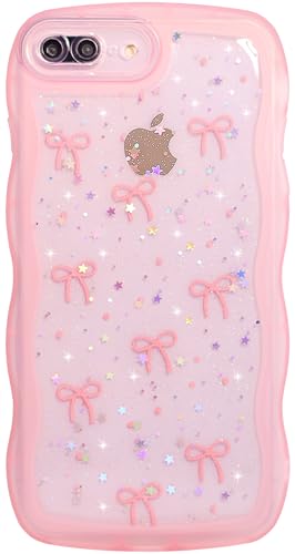 Qokey for iPhone 7 Plus & 8 Plus Case, Glitter Star & Curved Edge Handle Grip Design, Military-Grade Shockproof Clear TPU Cover, Sparkle Protection Scratch-Resistant, Holographic Pink Bow