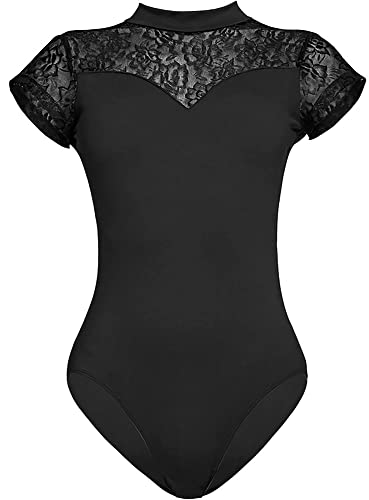 HilyBony Body da balletto da donna a maniche corte in pizzo nero con elegante colletto a cigno Body da danza e ginnastica da yoga, Nero , S