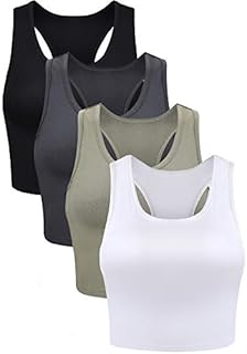 Boao 4 Pieces Basic Crop Tank Tops Sleeveless Racerback Crop Top for Women(Black, White, Grey, Olive Green,Medium)