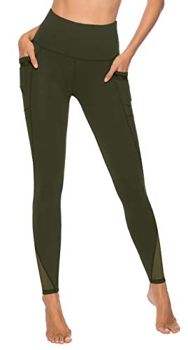 Calça legging feminina para ioga de cintura alta com bolsos laterais, controle de barriga para trein