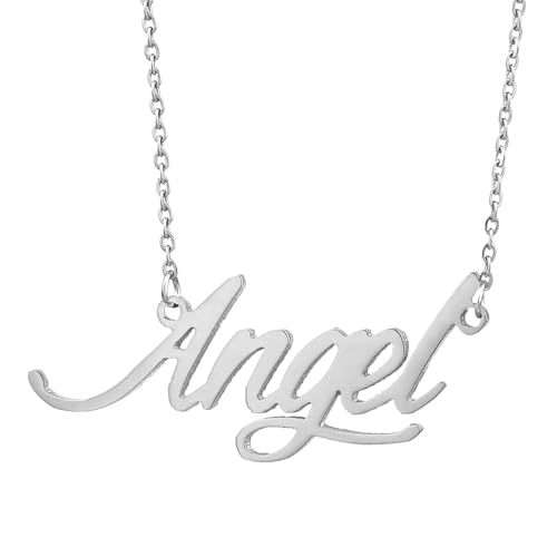 AOLO Angel Name Necklace Silver Stainless Steel Initial Pendant Nameplate
