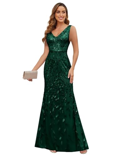 Women's Sparkly Mother of Bride Dresses Sequin Double V-Neck Sleeveless Mermaid Long Formal Evening Dress3