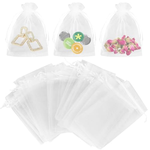 Varenzya 50 Piezas Bolsita Organza Blanca, 10 × 15 cm Bolsitas de Organza con Cierre de Cordón, Bolsas Tela Pequeñas para Guardar Joyas, Pintalabios, Dulces, Jabón, Flores Secas y Cáscara de Fruta