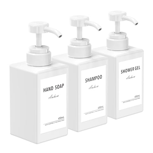 3 Pezzi Dispenser Sapone, Dispenser Sapone Bagno 450 ml con Etichetta per Bagno Doccia Cucina Shampoo e Bagnoschiuma - Bianco