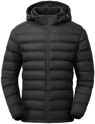 TBMPOY Men's Lightweight Puffer Jacket with Detachable Hood, Water-Resistant, Black, Regular Size