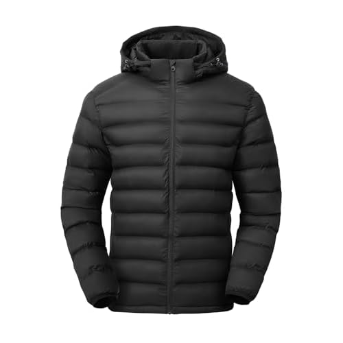 TBMPOY Men’s Lightweight Puffer Jackets Detachable Hood Water-Resistant Casual Winter Coat Hooded Insulated for Travel Ski
