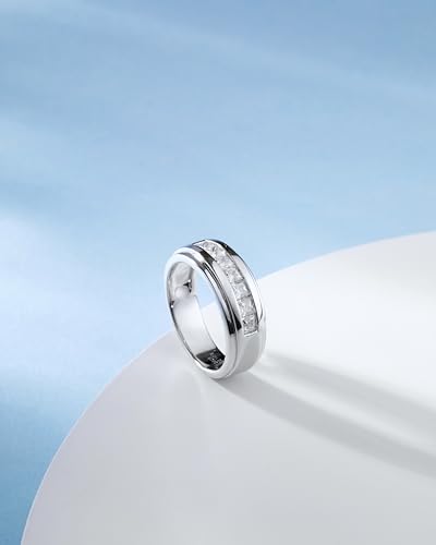 2.1 Carats 7 Stone Princess Cut Moissanite Rings for Men Women Moissanite Eternity Wedding Band Ring D Color VVS1 Moissanite Channel Set, Sterling Silver with 18K White Gold Plated Men Moissanite Ring2