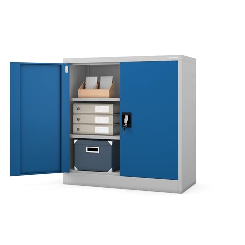 Jan Nowak Kleiner Aktenschrank C001B Büroschrank Metallschrank Lagerschrank 2 Verstellbare Fachböden Pulverbeschichtet Abschließbar 92,5 cm x 90 cm x 40 cm (Grau-Blau)