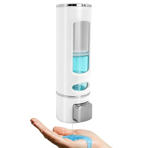 OVBOVA Distributeur de savon mural - 400 ml - Sans perçage - Transparent - Pour salle de bain, douche, cuisine - En ABS - Avec fenêtre de visualisation -...