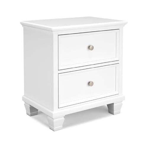 Image of Signature Design by Ashley Fortman White Nightstand, 2 Drawer Storage, Hardwood Solids and MDF Construction, Traditional Wood Bedside Table, 25 inch W