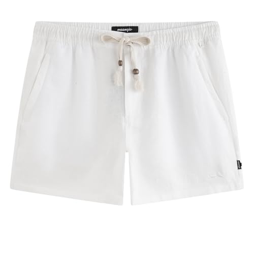 maamgic Mens 100% Linen Shorts Casual 5.5 Inch Drawstring Elastic Waist, Breathable Summer Shorts for Men Beach Vacation with Zipper Pockets, White