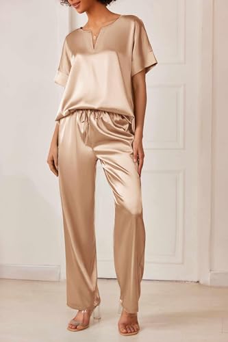 Image of Ekouaer Satin Pajama Set Womens Silk Short Sleeve V Neck Shirt with Long Pant Soft Loungewear Pjs Set