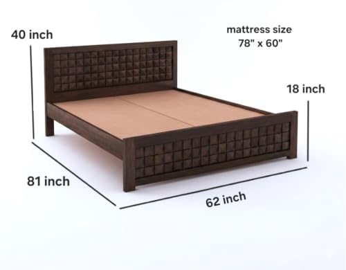 Image of Solid Sheesham Wood Queen Size Bed Without Storage|Wooden Box Queen Size Double Cot Bed Without Storage Box for Home,Bedroom,Living Room|Diamond Carved Design Headboard|Walnut Finish