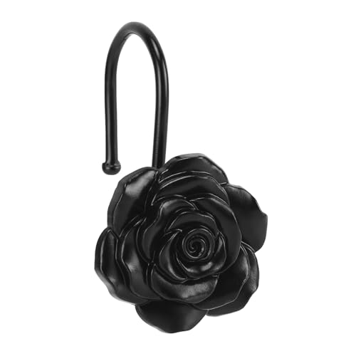 Metal Rose Shower Curtain Hooks, Rust-Resistant Hooks for Shower Curtain Rods, Set of 12, Beautiful Floral Rose Design Bathroom Decoration Hooks(Black)