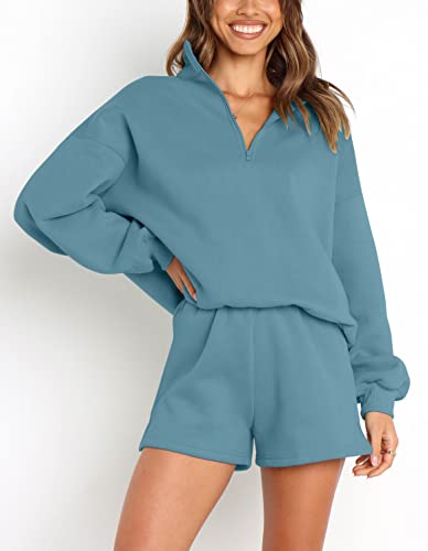 Merokeety Women's 2023 Fall 2 Piece Outfits Zipper Lounge Sets Casual Tops Shorts Pajama Sets With Pockets, Blue, M #TOP5