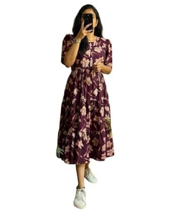 Image of Women's Rayon Floral Printed Midi Dress Short One Piece