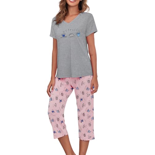 Plus Size Pajama Set Womens Nightgowns Cotton Pjs for Women Short Sleeve Night Gown Sleep Shirts Casual Sleepwear Soft Pajamas Dress Gray Powder Blue Cup 3XL