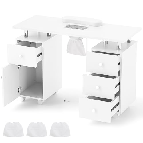 DREAMADE Table Manucure avec Aspirateur, Bureau Onglerie avec 8 Roues, 3 Sacs à Poussière, Repose-Poignet, Tiroirs & Armoire, pour Salon de Beauté, Spa, Maison (Blanc)