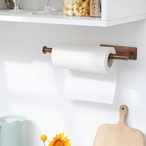 Image of theaoo Rose Gold Paper Towel Holder - Under Cabinet, Self-Adhesive, Wall Mounted, SUS304 Stainless Steel