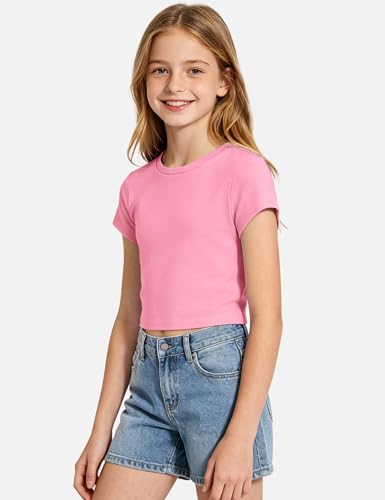 Image of Auranso Girls Crop Tops Kids Short Sleeve T-Shirts Basic Summer Tee Top