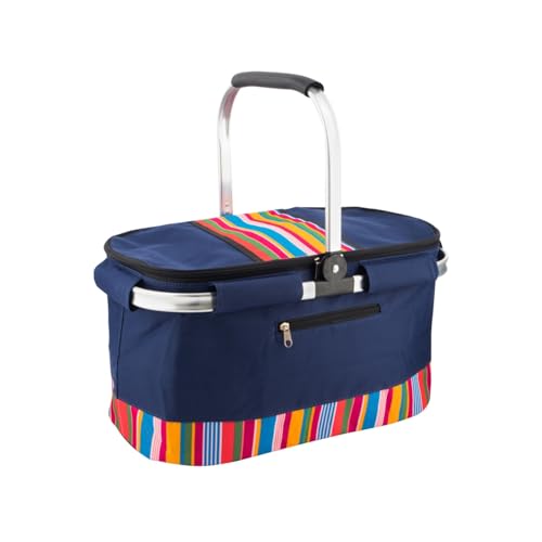 HOMESHOPA 35 Litre Insulated Picnic Basket With Lid, Red Multi Stripe Foldable Thermal Cooler Bag Hard Liner, Upright Standing Box for Outdoor Camping, Travel, Portable & Collapsible Shopping Hamper