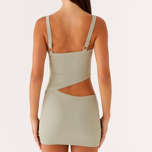 Image of Women Sexy Cutout Mini Dress Spaghetti Strap Backless V-Neck Patchwork Bodycon Short Dress Party Cocktail